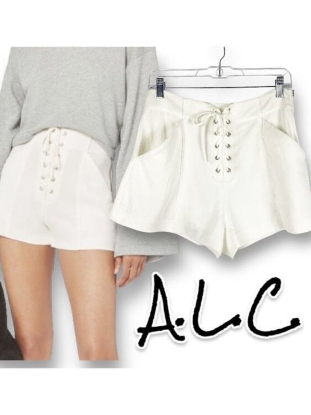 A.L.C. Kyle Crepe White Lace-Up Shorts High Waist Pockets Women’s Size 8
